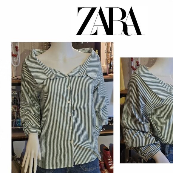 Zara green white Striped button-down shirt Small - Picture 1 of 9